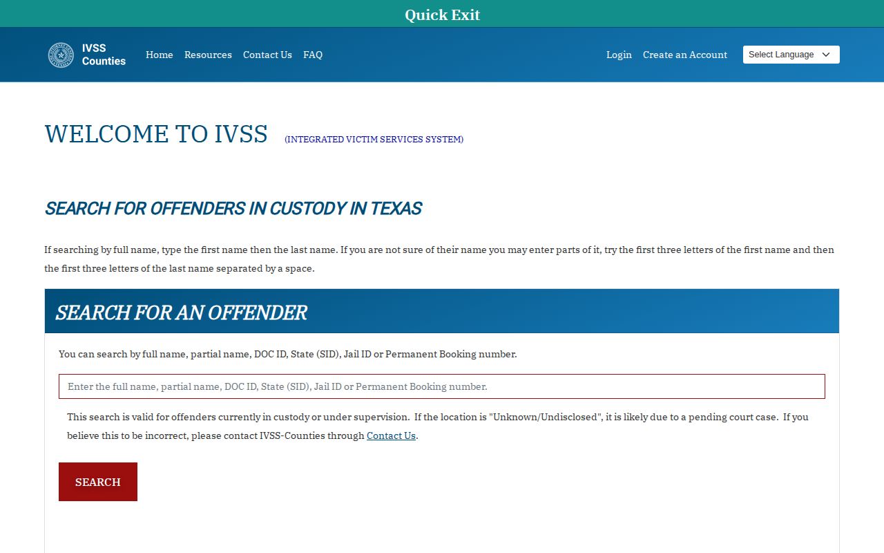 Texas IVSS-Counties county jail notification portal for Pecos County custody checks