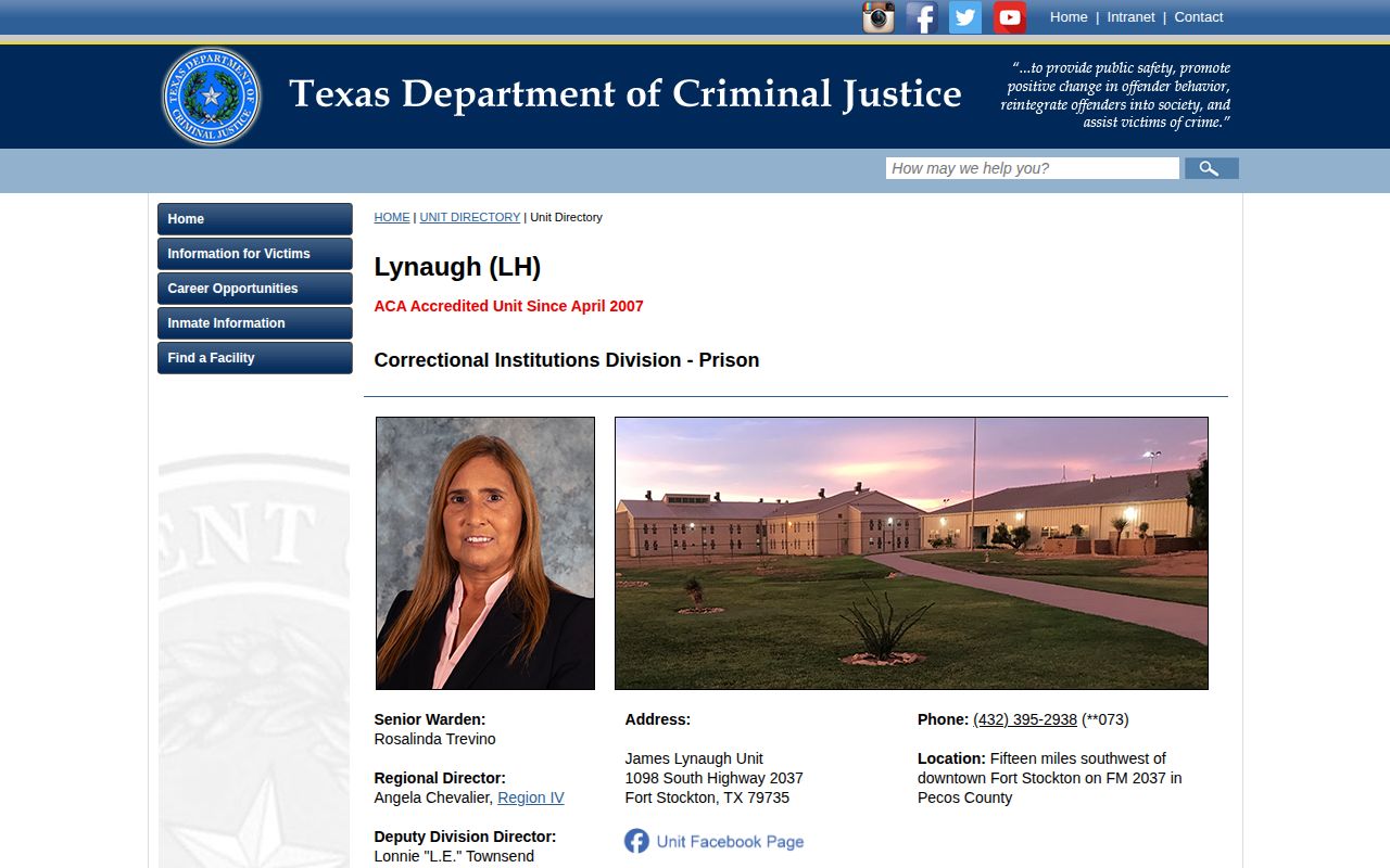 Official TDCJ James Lynaugh Unit directory