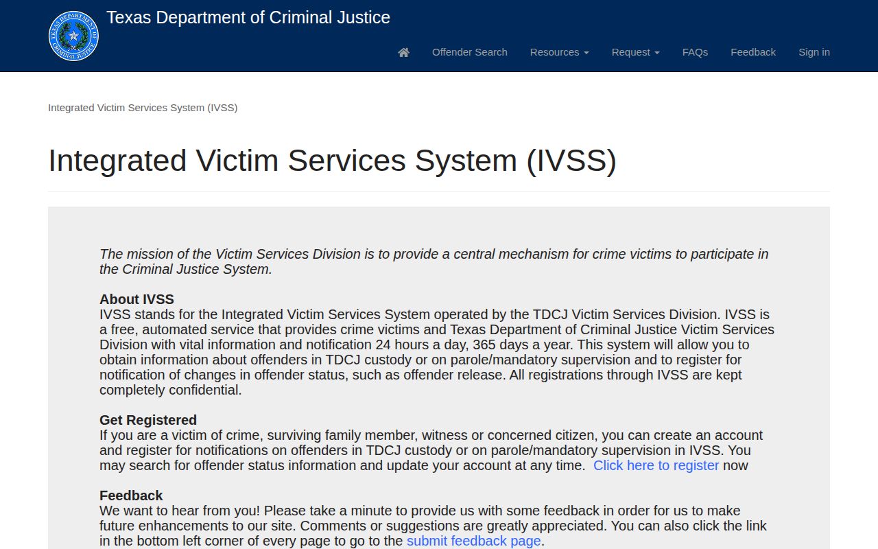 TDCJ IVSS state prison notification portal for a Pecos County release check
